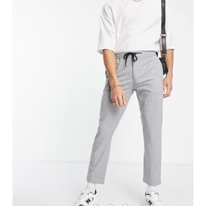 Grey and white striped straight-leg trousers with elasticated waist and drawstri